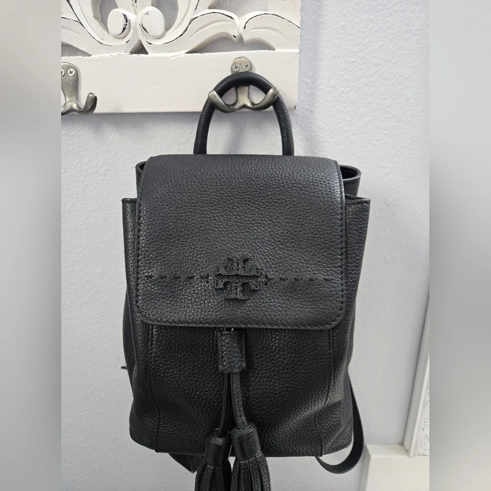 Tory Burch Mcgraw Black Leather Backpack with Tassel